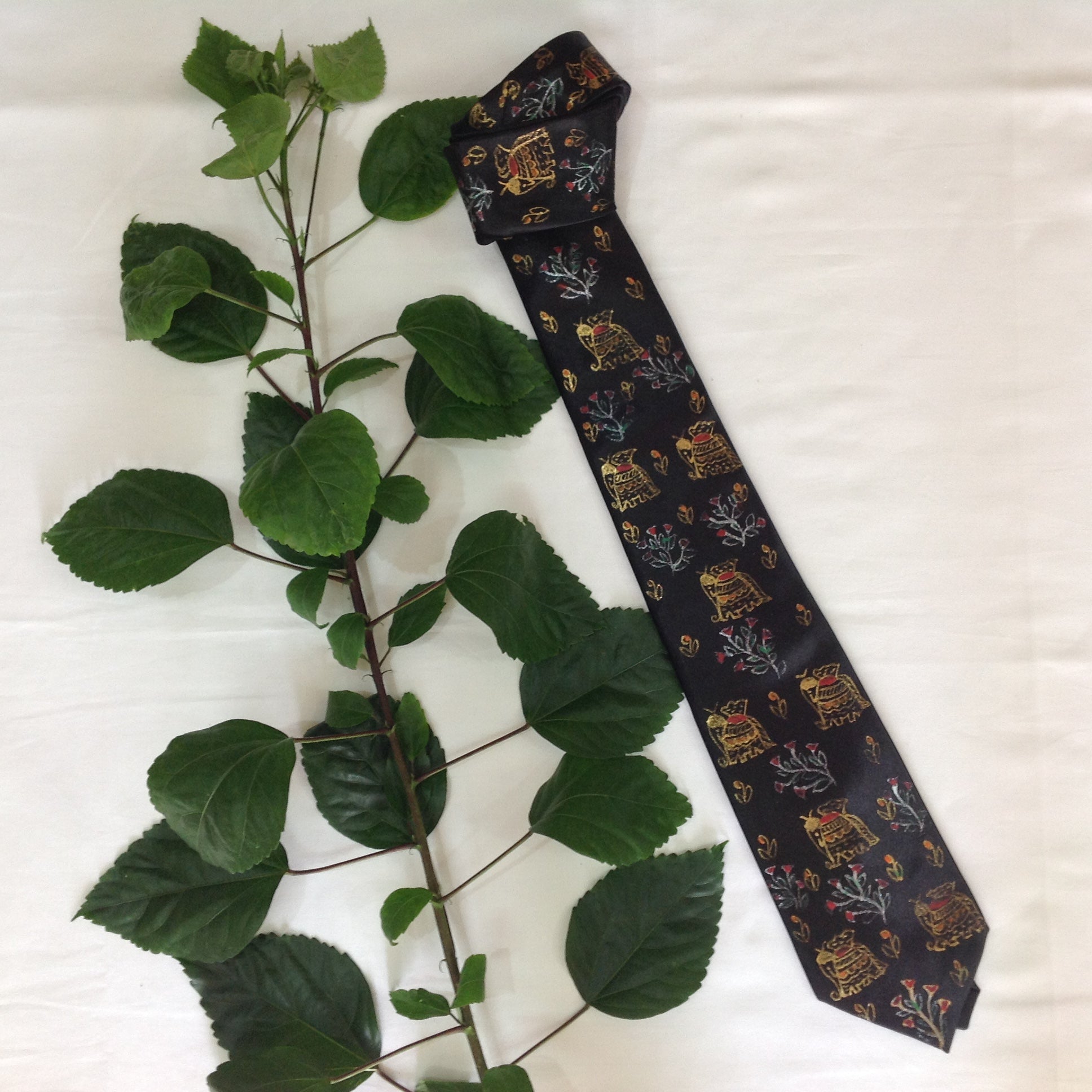 Handpainted Madhubani Silk Tie – Black with Elephant & Floral Motifs